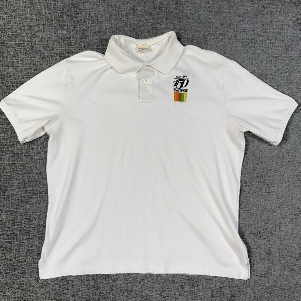 Vintage 80s John Deere Tractor Polo Shirt Men's XL White‎ 150th Ann. Made In USA